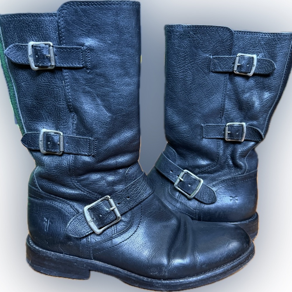 FRYE Moto Black Leather 3-Buckle Jayden Boots, Women 8 EUC